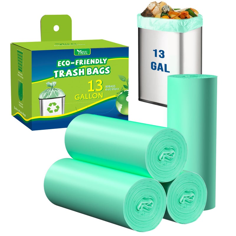 YHEEL Kitchen Trash Bags 13 Gallon: Biodegradable Tall Kitchen Garbage Bags Strong Unscented Recycling Bags for Home/Office (Green, 80 Counts) - Image 1